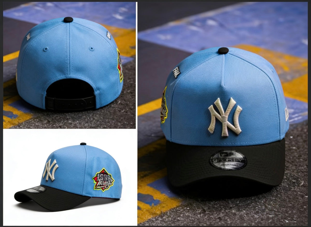 New Era 9FORTY A-Frame New York Yankees en color azul cielo con visera negra.